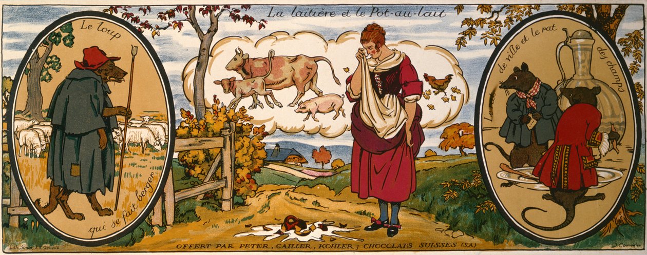 Maitotyttö ja maitotölkki, Jean de La Fontainen (1621-95) saduista, sveitsiläisten suklaiden "Peter, Cailler, Kohler" mainoskortti (värilitografia). tekijältä French School