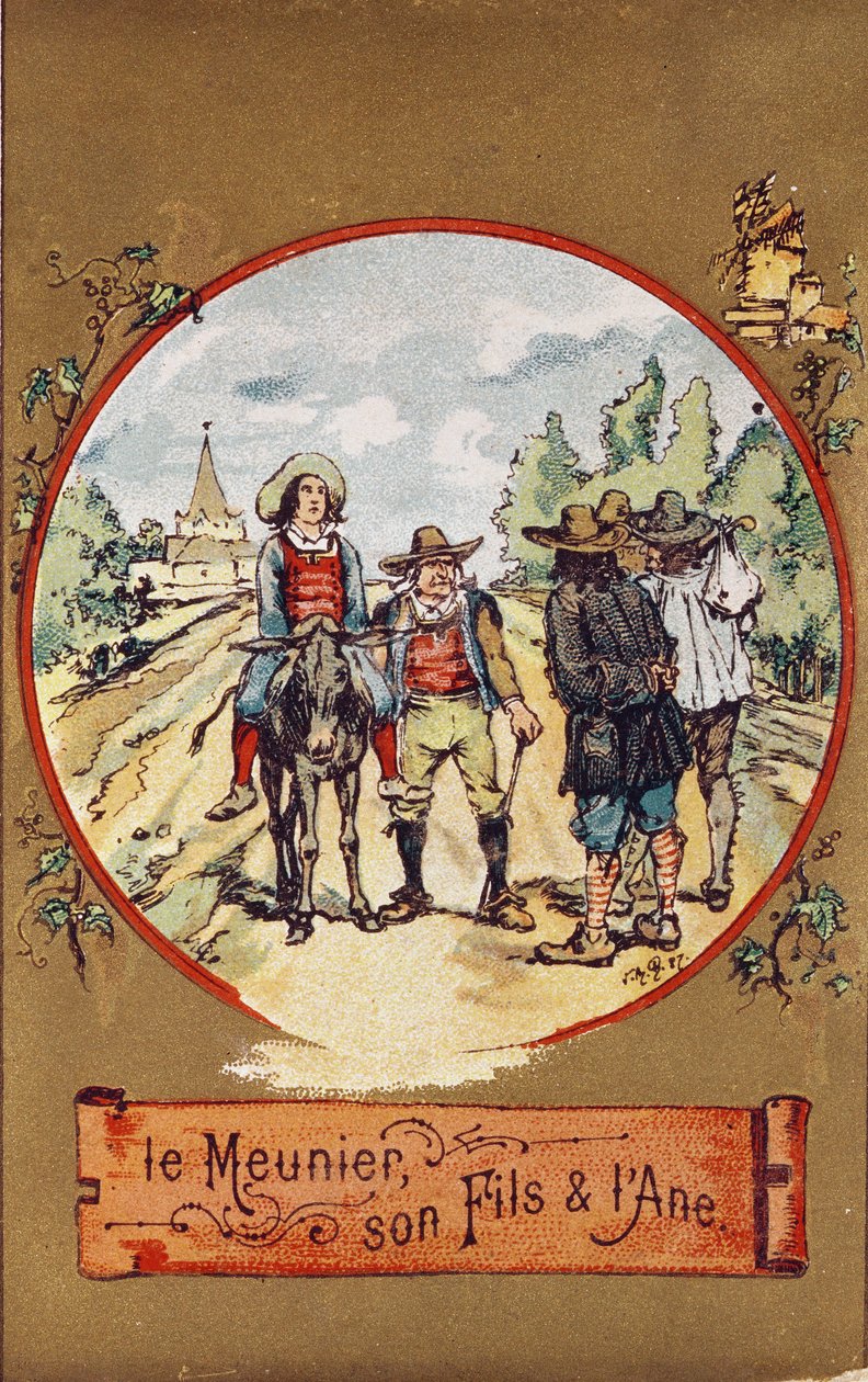 Miller, hänen poikansa ja aasi, n. 1880 (värikaiverrus) tekijältä French School