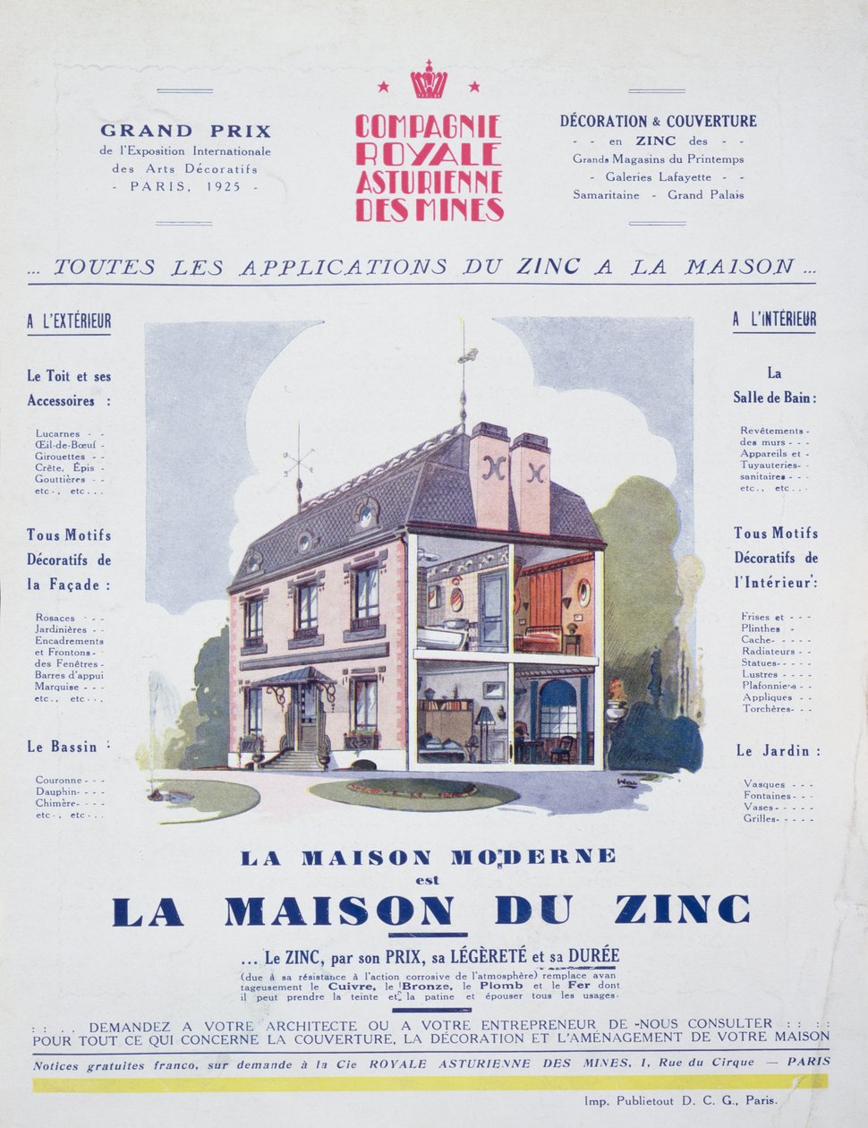 Moderni talo on sinkkitalo, LArt Menager -lehden mainos, toukokuu 1927 tekijältä French School