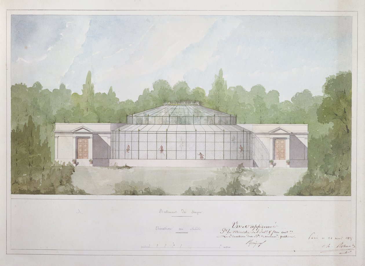 Apinatalo Jardin des Plantesissa Pariisissa, 1835 (muste ja wc paperilla) tekijältä French School