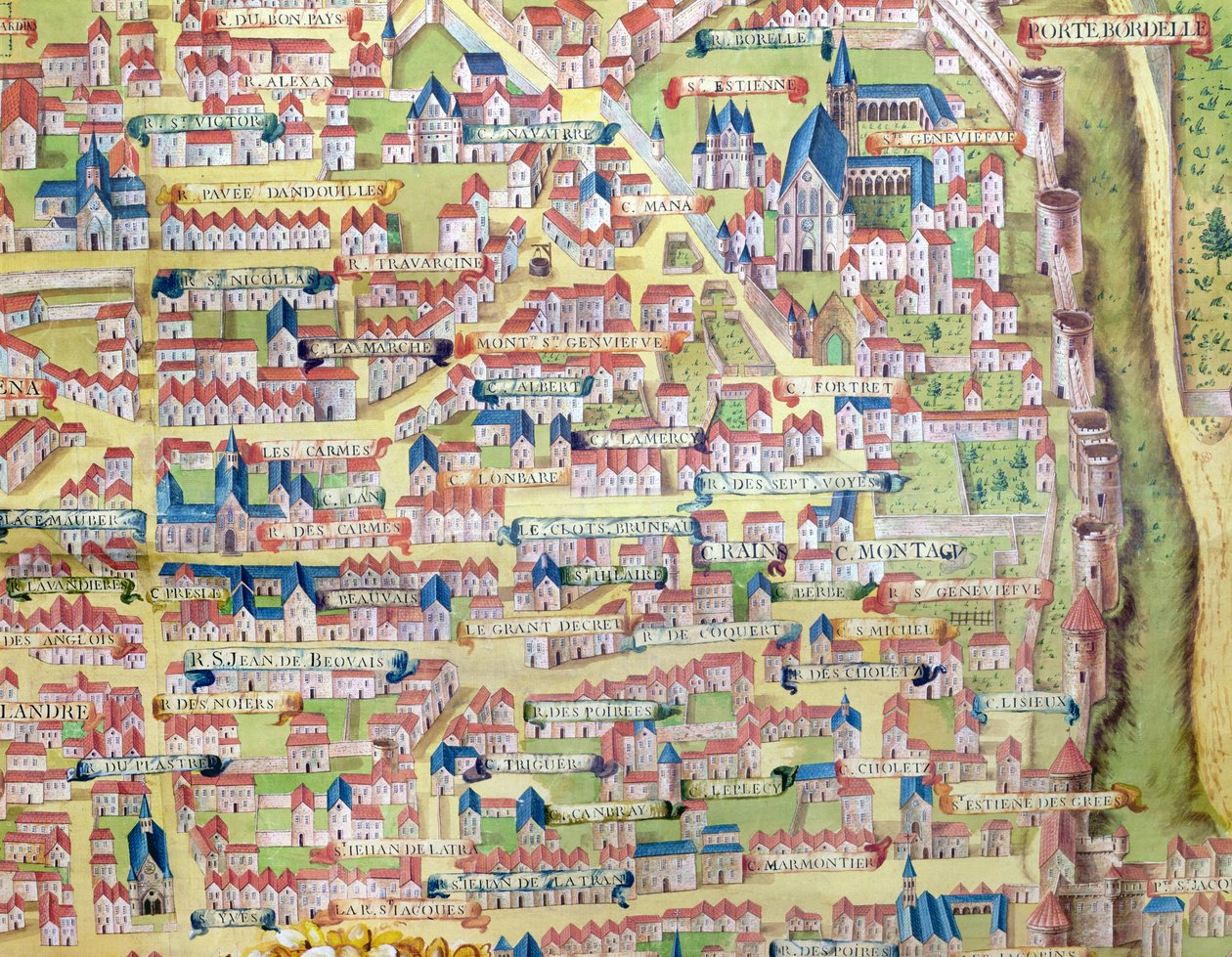 Montagne Sainte-Genevieve, yksityiskohta Pariisin suunnitelmasta, joka tehtiin n. 1540, nimeltään Plan de la Gouache, n. 1860 tekijältä French School