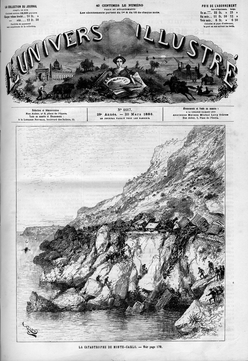 Monte Carlon (Monte-Carlon) katastrofi: junaonnettomuus rannikon rautatiellä. Sanomalehti. Kaiverrus "" Le Monde Illustré" -kirjassa tekijältä French School