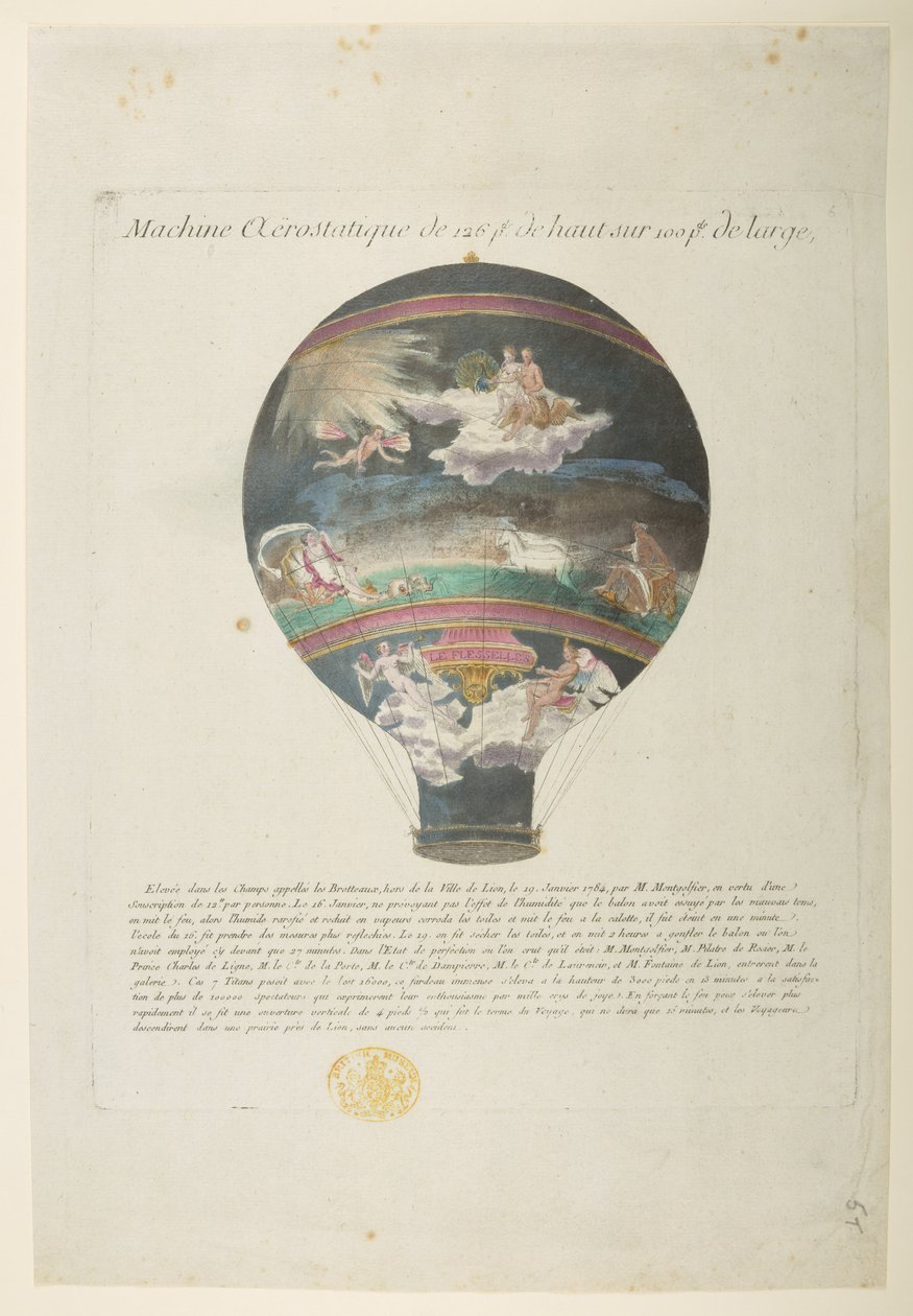 Montgolfier-ilmapallo, jossa on "kunniakkaita klassisia viittauksia", Machine Aerostatique de 126 pt de haut sur 100pt de large (värillinen kaiverrus) tekijältä French School