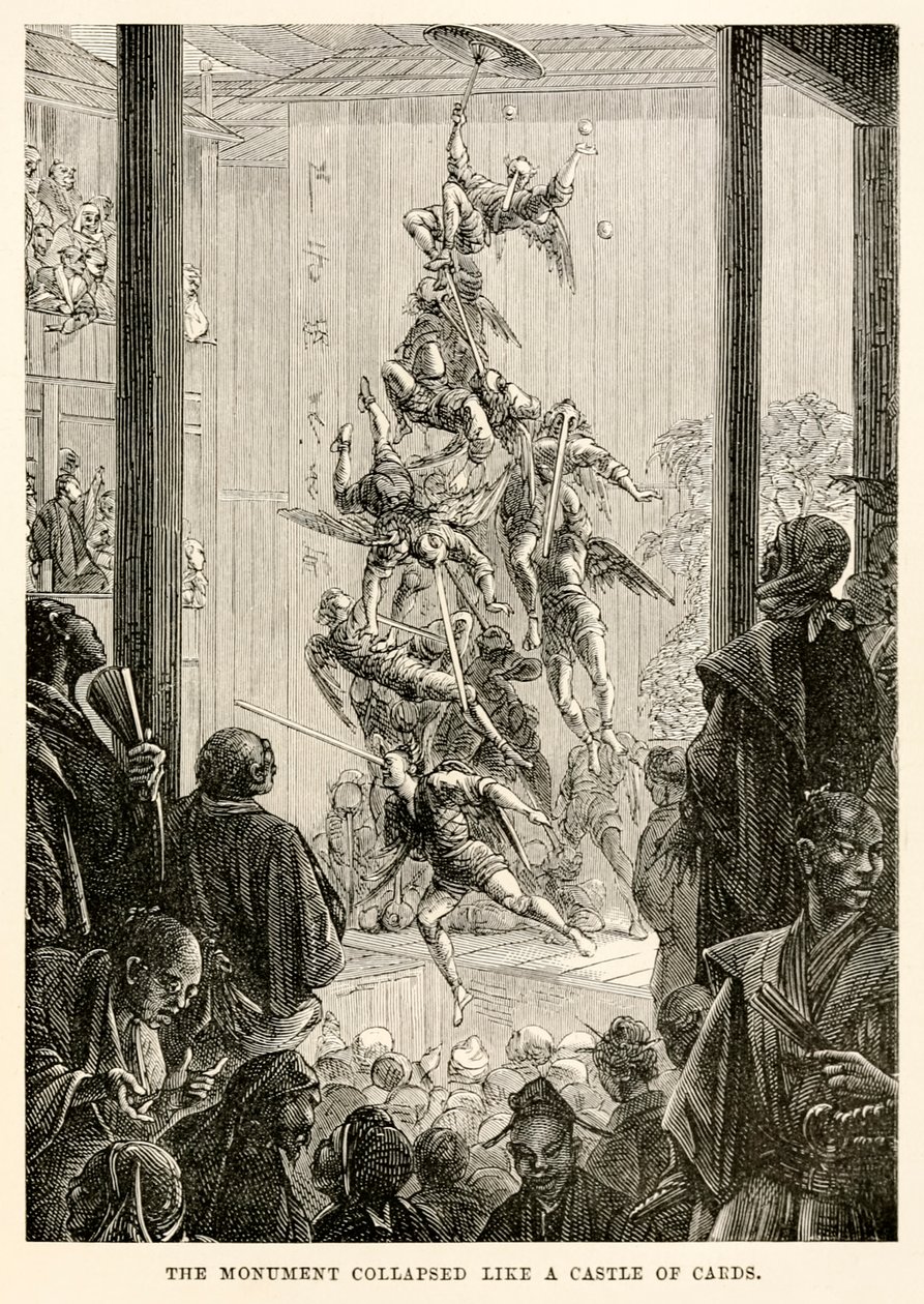 Monumentti romahti kuin korttilinna Jules Vernen (1828-1905) "Maailman ympäri kahdeksassakymmenessä päivässä" tekijältä French School