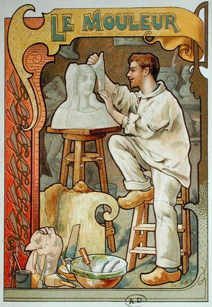 The Moulder, kuvitus käsitöitä käsittelevästä kirjasta, n.1899 (värilitho) tekijältä French School