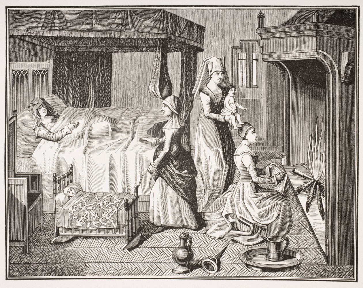 Vastasyntynyt lapsi, 1400-luvun pienoiskuvan mukaan teoksessa "Histoire de la Belle Helaine", Paul Lacroix
