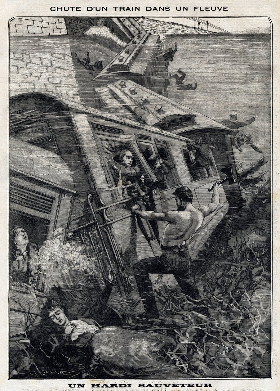 New York Buffalo -juna putoaa jokeen Yhdysvalloissa: mies yrittää pelastaa hukkumisvaarassa olevia matkustajia. "" Le Peute Parisien" -julkaisussa 11.7.1897. Yksityinen kokoelma tekijältä French School