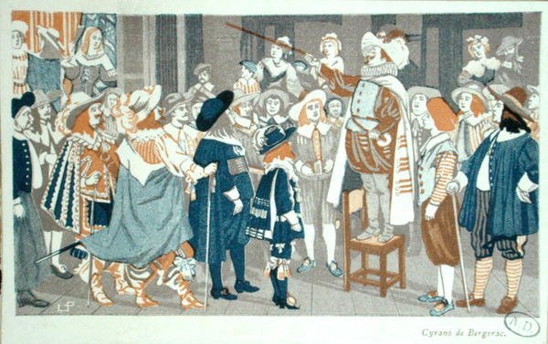 Nenäpuhe Hotel de Bourgognessa, kuvitus Edmond Rostandin (1868-1918) teoksesta "Cyrano de Bergerac" n. 1905 (värilitho) tekijältä French School