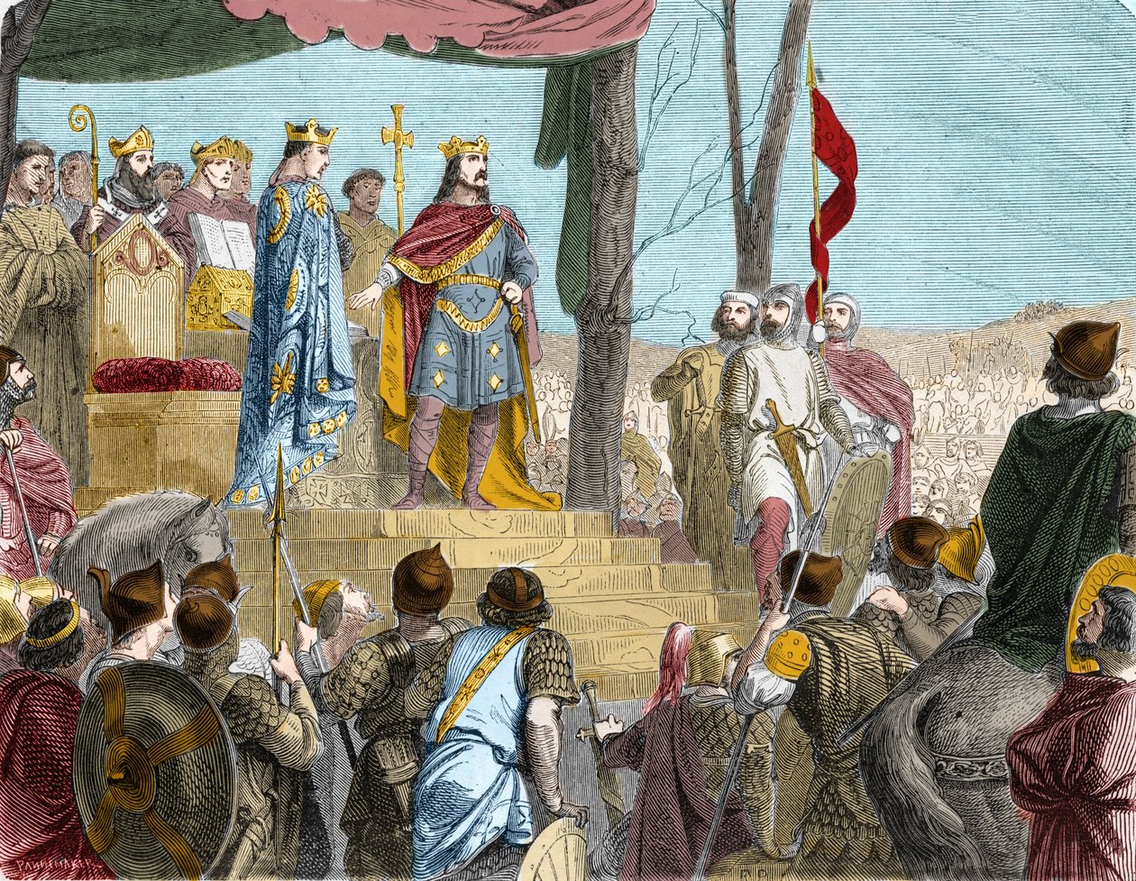 Itä-Ranskan hallitsijan Ludvig Saksalaisen (876) ja hänen puoliveljensä Kaarle Kaljuun (? 877), Länsi-Fransian hallitsijan, Strasbourgin vala - Le oath de Strasbourg: traite de Verdun, 843. Louisin pojat hurskaat jakoivat alueen (Caroli tekijältä French School
