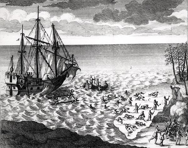 Pelikaani uppoaa lähellä rannikkoa Bacqueville de La Potherien (1663-1736) Histoire de lAmerique septentrionalesta, julkaistu vuonna 1753 tekijältä French School