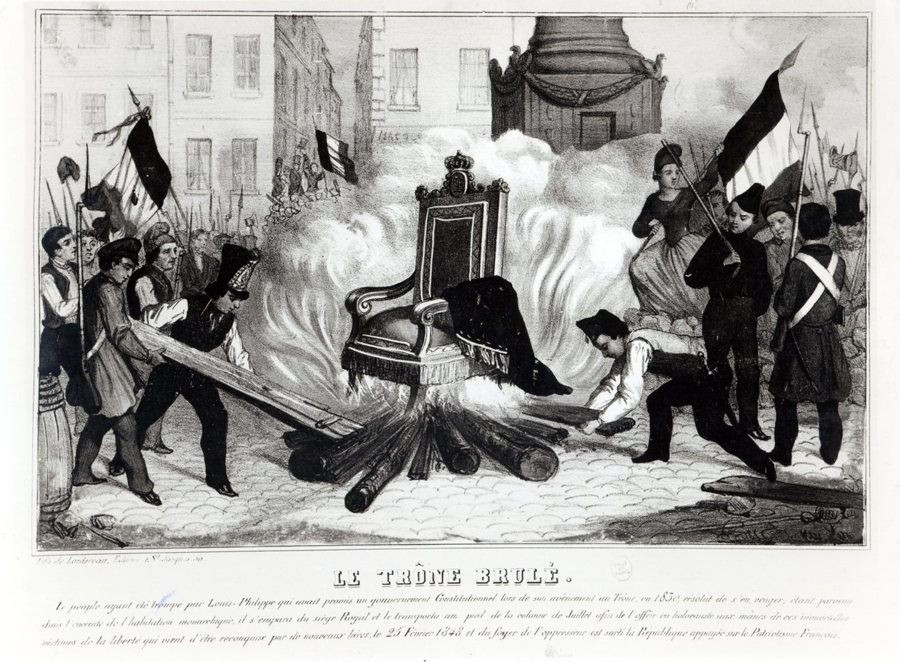 Ihmiset polttavat valtaistuinta Place de la Bastillessa, 1848 tekijältä French School