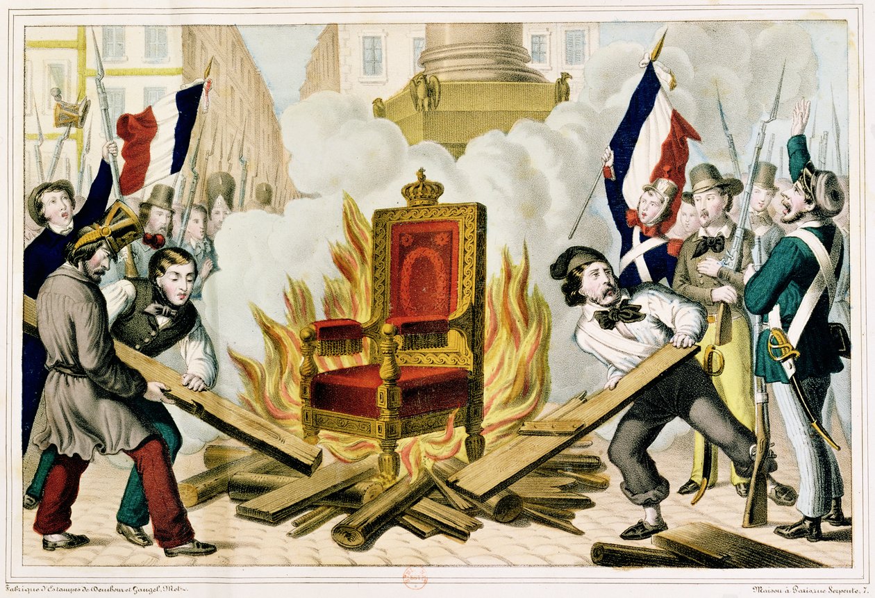 Ihmiset polttavat valtaistuinta Place de la Bastillessa, 1848 tekijältä French School