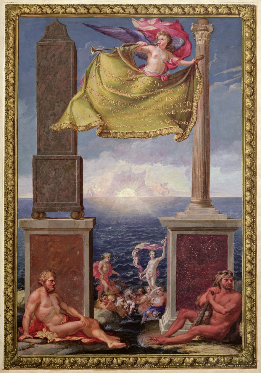 The Pillars of Hercules, Penen Katalonian ja Baleaarien karttakokoelman etuosa, 1680 (värikaiverrus) tekijältä French School