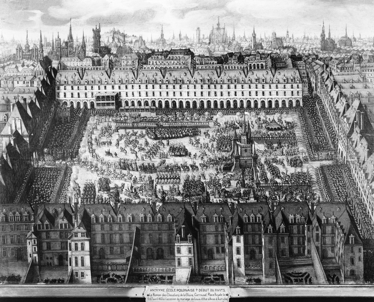 Place Royale ja Carrousel vuonna 1612 (kaiverrus). tekijältä French School