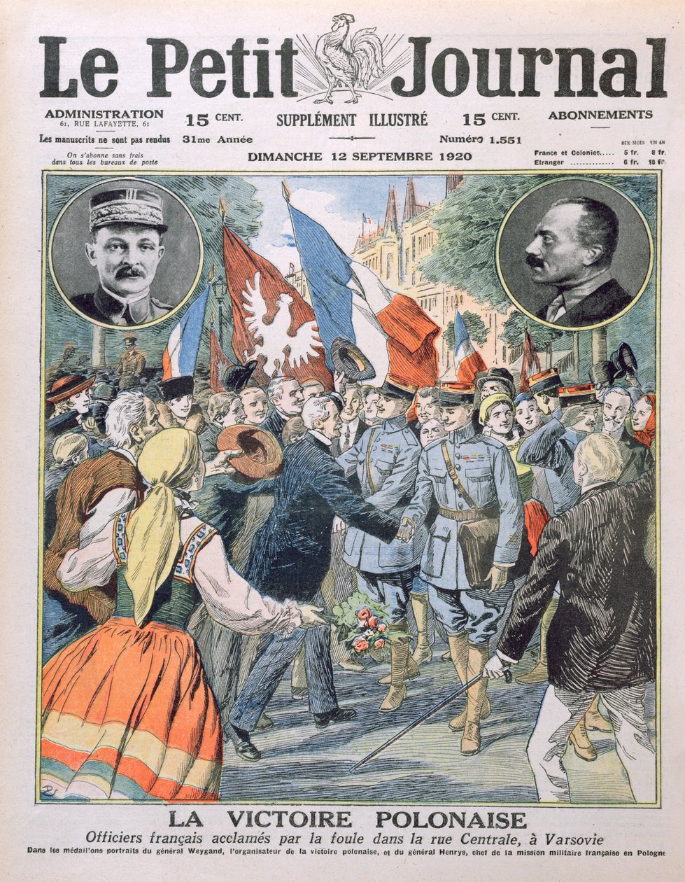 Puolan voitto, ranskalaiset upseerit väkijoukon ylistämänä Varsovan Central Streetillä, Le Petit Journalin kansikuva, 12. syyskuuta 1920 tekijältä French School