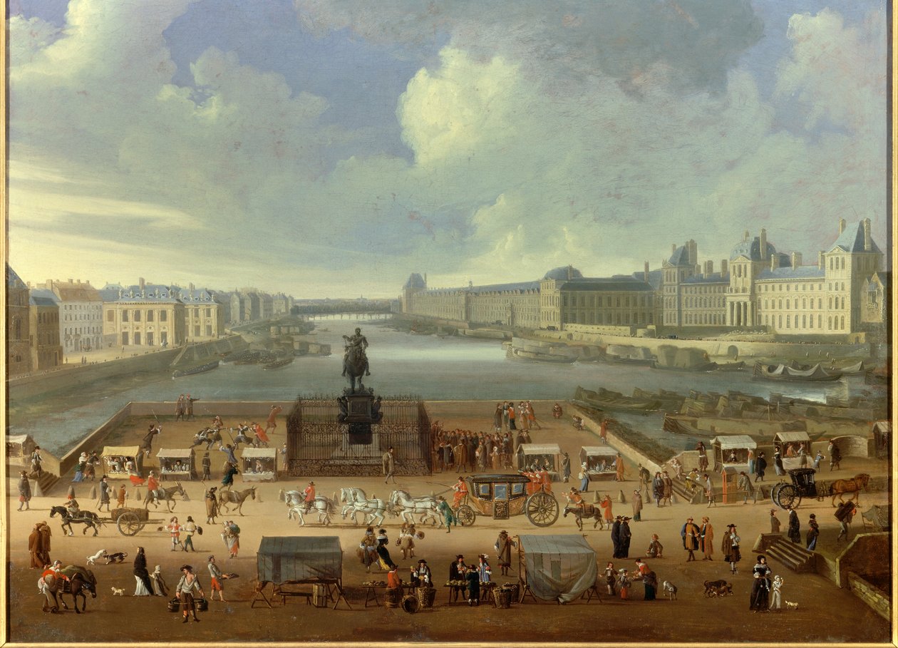 Pont Neuf nähtynä Place Dauphine -aukiolta, Quai Malaquais, College of Four Nations, suuri galleria ja Louvre. Anonyymi maalaus tekijältä French School