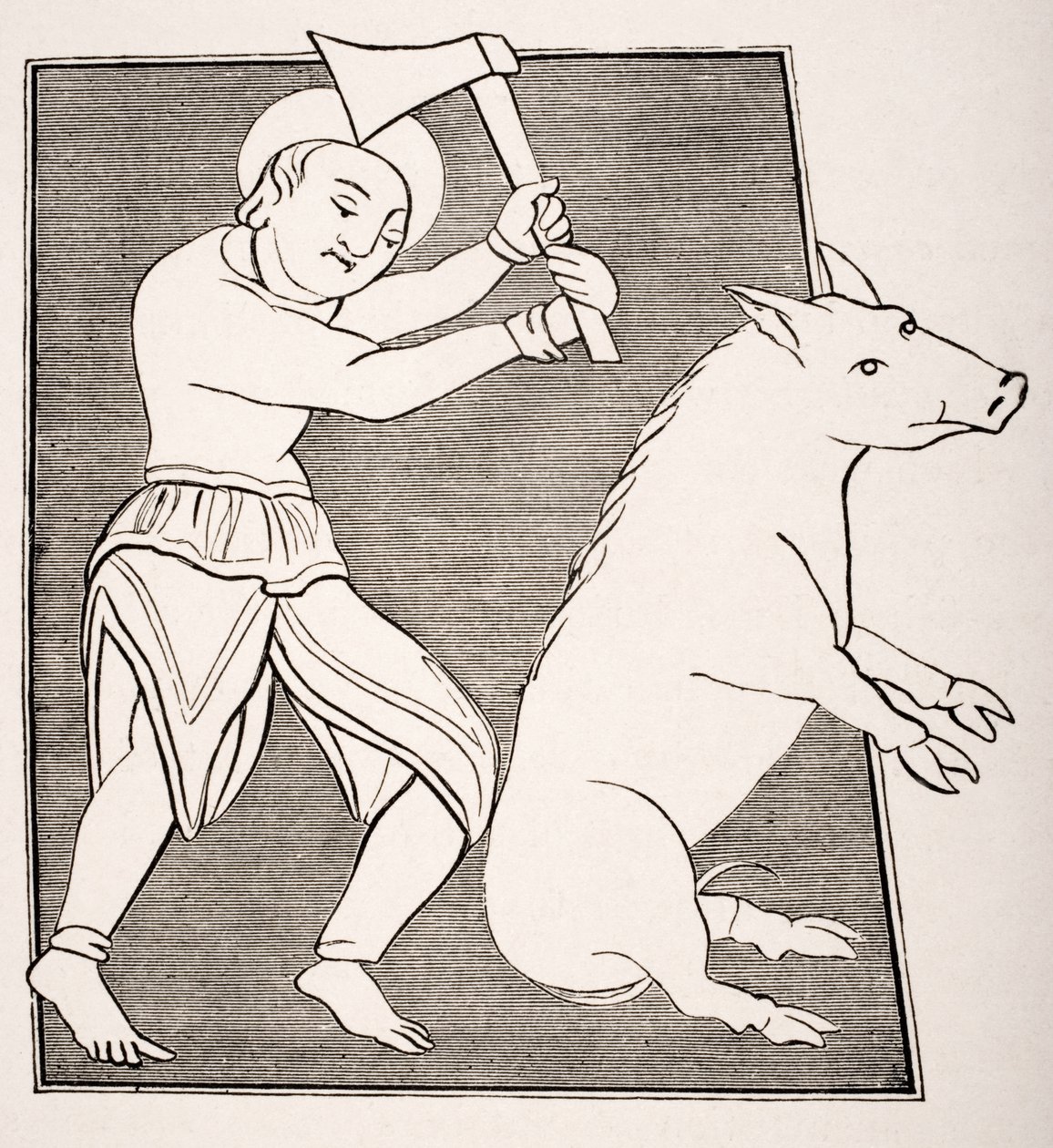 "Sianlihan teurastaja", jäljennös Solignacin luostarin peruskirjassa olevasta 1400-luvun pienoiskuvasta Paul Lacroix