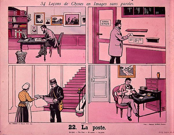 "Posti", kuvasarja, jossa kuvataan erilaisia postin kuvia ranskalaisesta koulukirjasta, jonka on julkaissut Fernand Nathan, ennen vuotta 1914 (värilitografia). tekijältä French School
