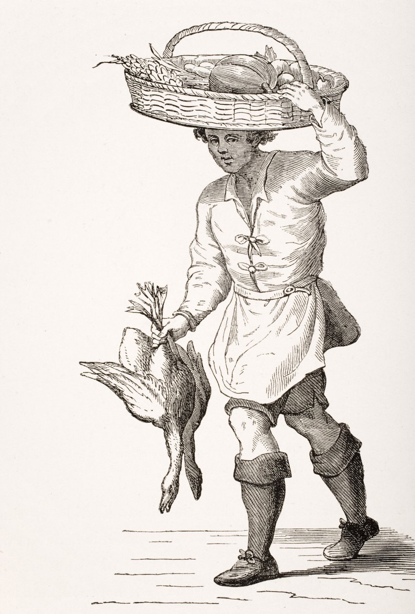 Siipikarjakauppias, Cesare Vecellion (1521-1601) 1500-luvun puupiirros Paul Lacroixin (1806-84) teoksesta "Le Moyen Age et La Renaissance", julkaistu 1847 tekijältä French School