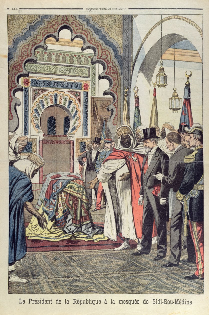 Ranskan tasavallan presidentti Emile Loubet (1838-1929) vierailemassa Sidi Bou Medinen moskeijassa Tlemcenissä, Algeriassa, kuva Le Petit Journalista, 3. toukokuuta 1903 tekijältä French School