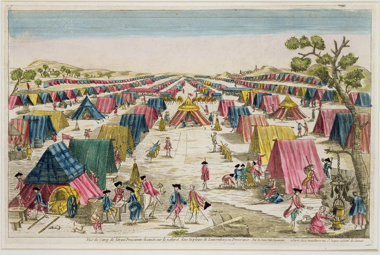 Preussin armeijan leiri, piirretty elämästä Pommerin kentillä, kaiverrus Vale, n. 1750 (käsinvärinen kaiverrus) tekijältä French School