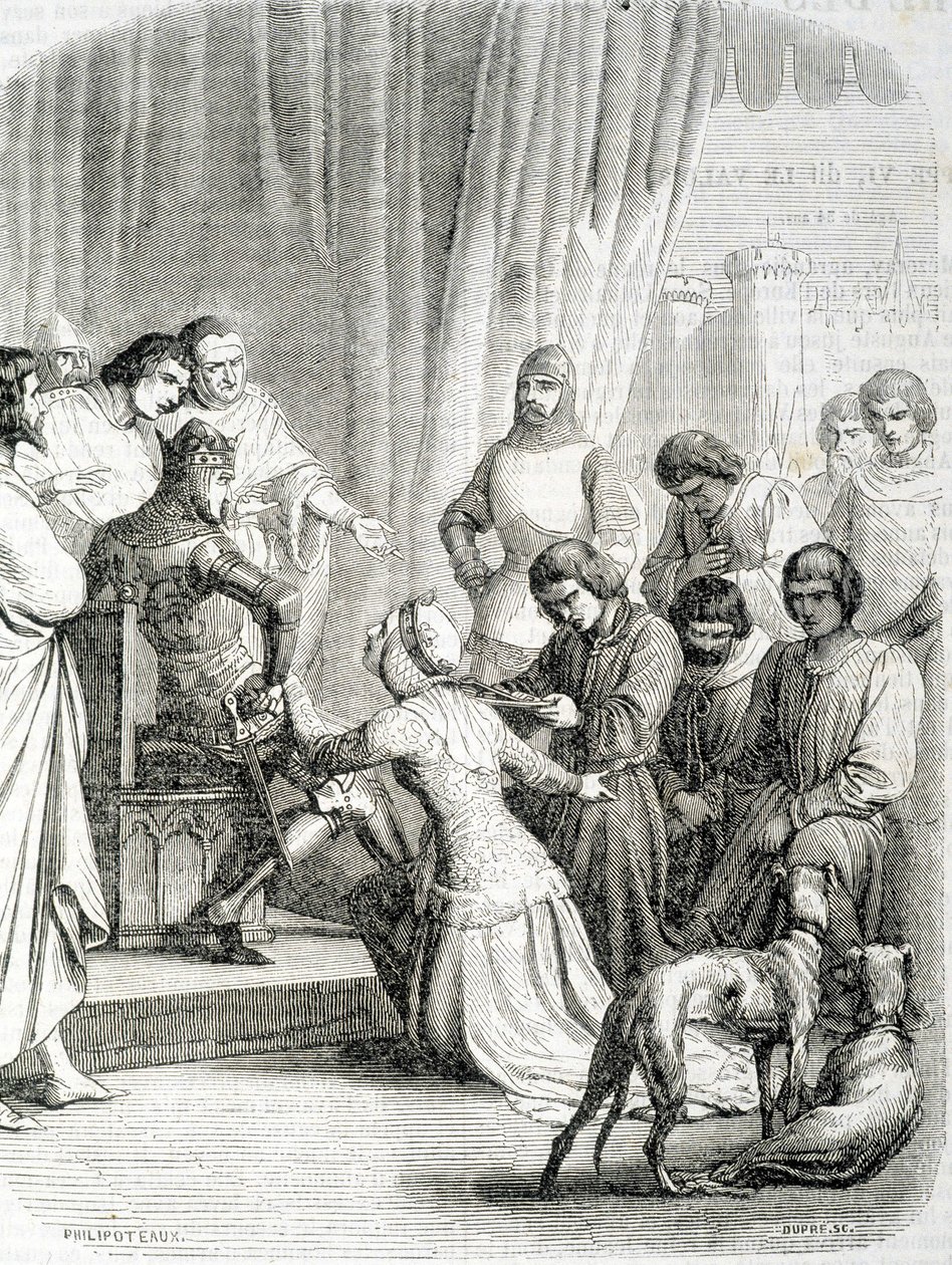 Englannin kuningatar (Philippa de Hainaut) pyytää kiitoksia aviomiehelleen Edward III:lle Calais