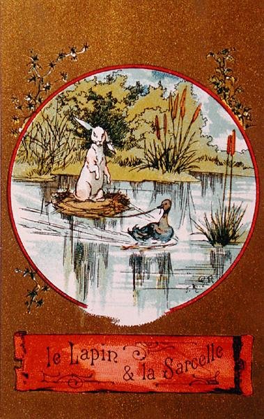 Kani ja sinivihreä, kuvitettu kortti, joka kuvaa Jean de la Fontainen (1621-95) satua n. 1880 tekijältä French School