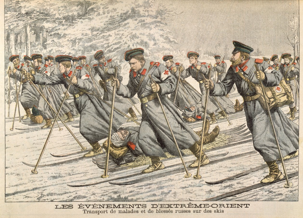 Punainen Risti, joka kuljetti loukkaantuneita venäläisiä suksilla Venäjän ja Japanin sodan aikana (1904-05), Le Petit Journal, n. 1904 tekijältä French School
