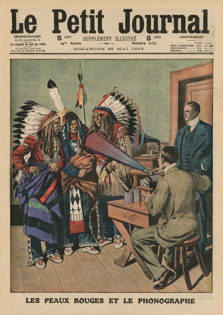 The Redskins and the phonograph, etukannen kuvitus Le Petit Journalin kuvaliitteestä, 25. toukokuuta 1913 (värilitro). tekijältä French School