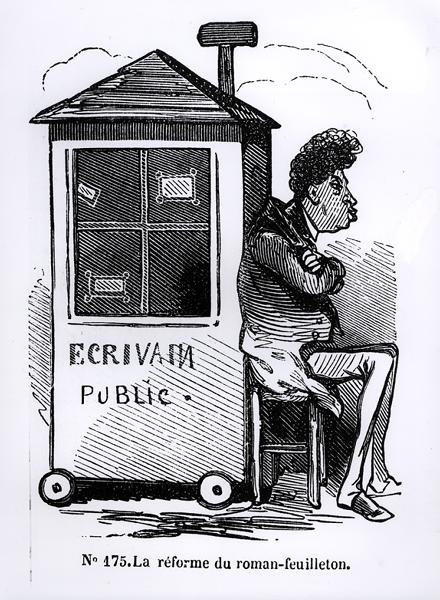 "Sarjoituneen romaanin uudistus", Dumas (1802-1870), julkinen kirjekirjoittajan mökki, karikatyyri "Journees Illustreesista" tekijältä French School