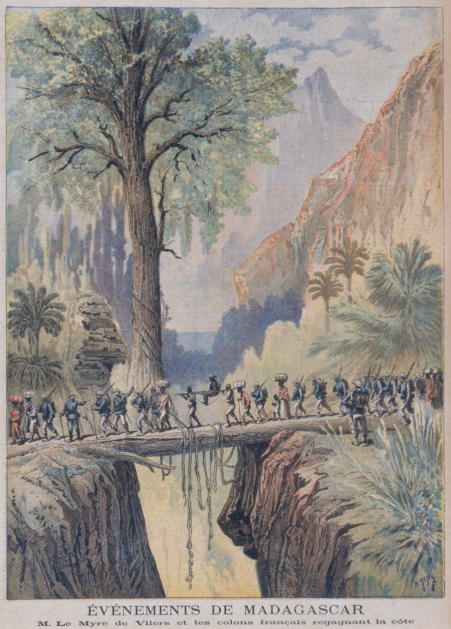 Madagaskarin kenraali, Charles le Maire de Villiers ja ranskalaiset siirtolaiset saapuvat rannikolle, kuva Le Petit Journalista, 3. helmikuuta 1895 tekijältä French School