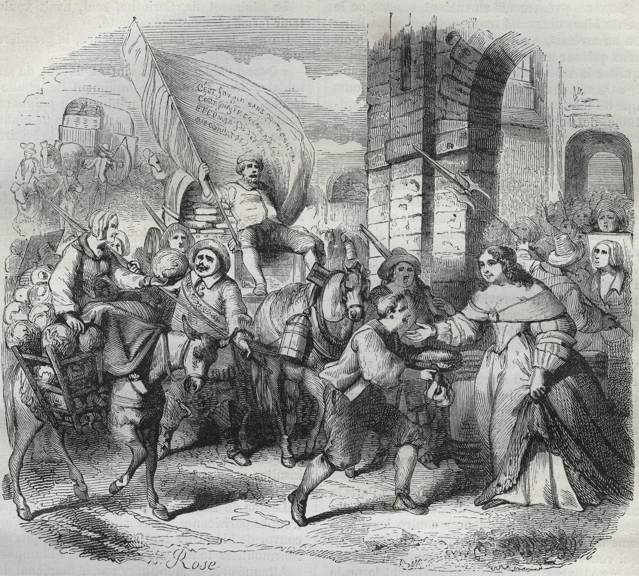 Gonessen paluu, Fronden jakso: "Pariisin nainen" toivottaa tervetulleeksi "Aubervilliersin rouvan" ja "Nouricier Gonessen", jotka tulivat toimittamaan häntä. Kaiverrus frondeuse 1649 - kaiverrus "Paris a travers les siecles" H. Gourdon de Genouillac tekijältä French School