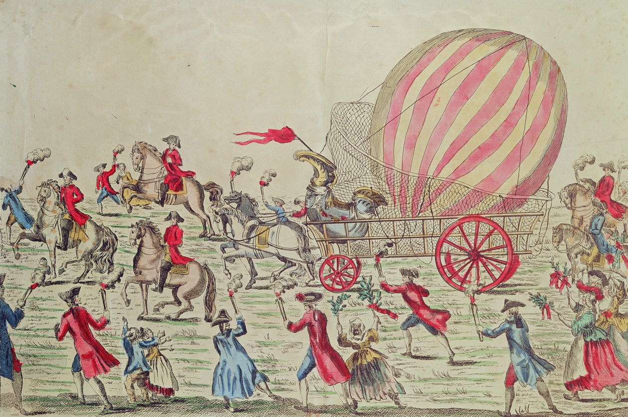 Kuumailmapallon paluu Pariisiin Montgolfier-veljesten Champ de Marsilla tekemän kokeen jälkeen, 2. joulukuuta 1783 tekijältä French School