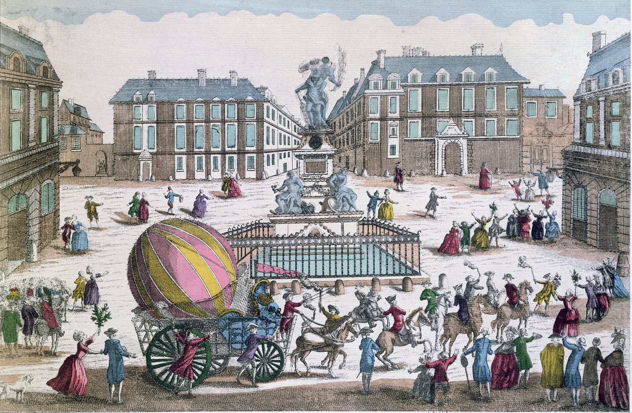 Paluu 2. joulukuuta 1783 Jacques Charlesin (1746-1823) ja Nicholas Robertin (1761-1828) ilmapallon Place des Victoires -pajaan tekijältä French School