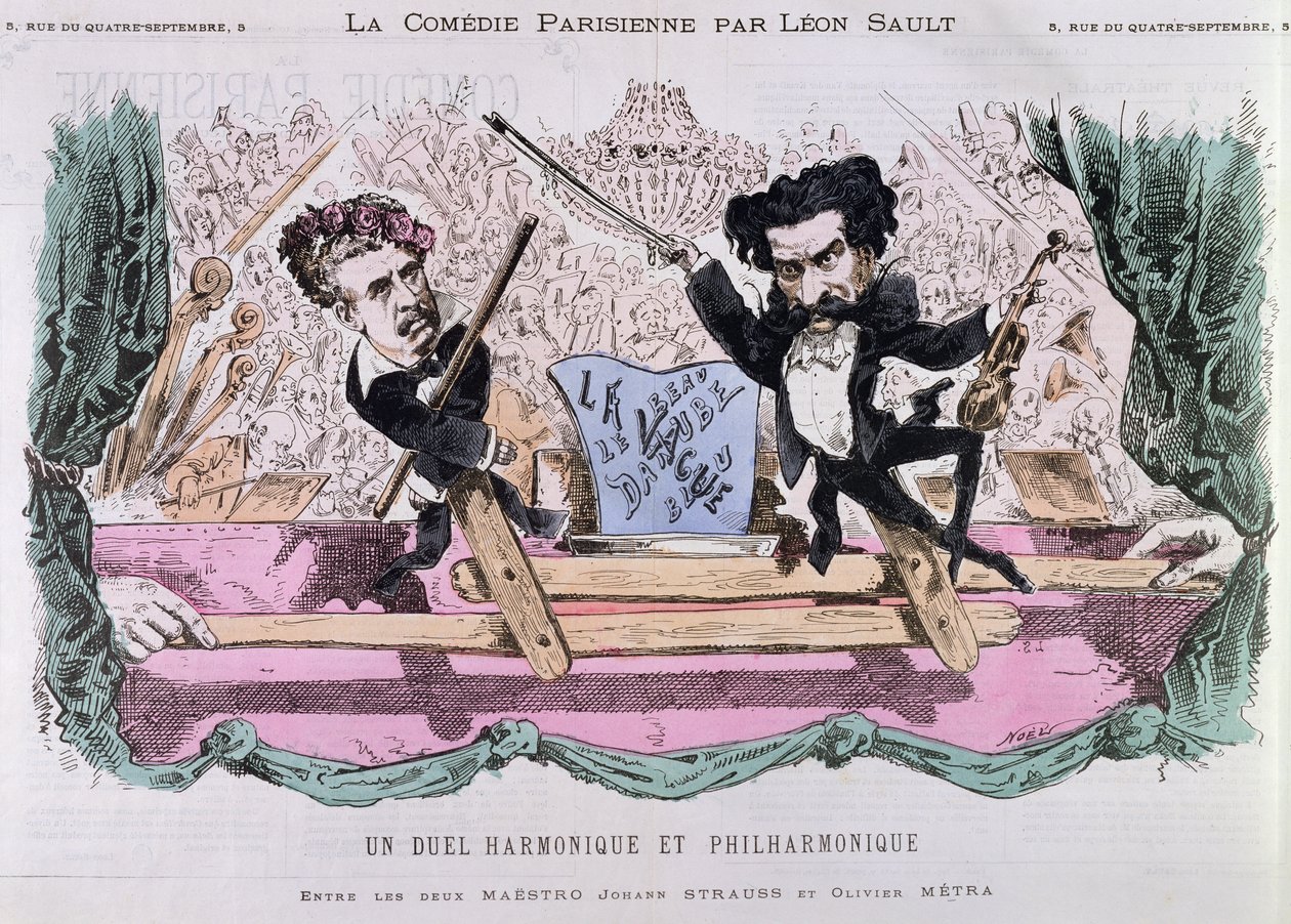 Valssien kilpailevat säveltäjät, Johann Strauss nuorempi (1825-99) ja Olivier Metra (1830-89), n. 1870 tekijältä French School