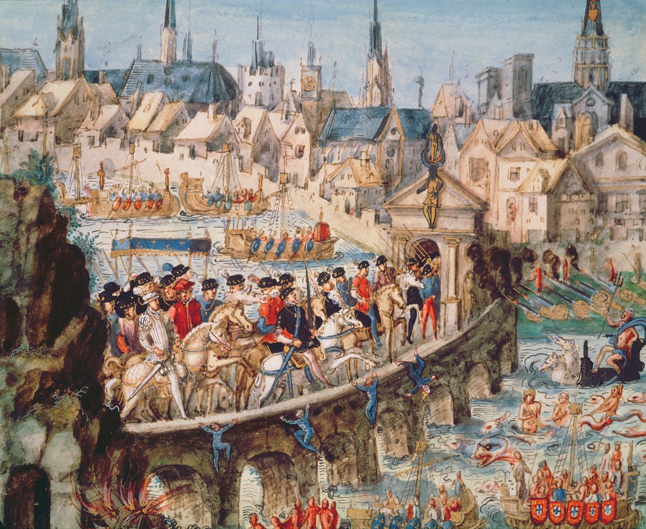 Henri II:n (1519-59) Royal Entry Festival -festivaali Roueniin, 1. lokakuuta 1550 (kynä, muste ja wc paperilla) tekijältä French School