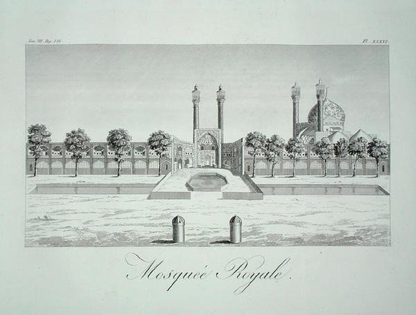 Kuninkaallinen moskeija Isfahanissa, "Sir John Chardinin matkat Persiassa", kirjoittanut L. Langles, pub. vuonna 1811 (kaiverrus) tekijältä French School