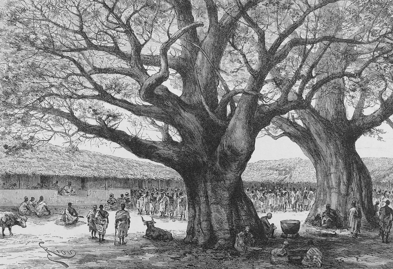 Aouaboun kuninkaallinen asuinpaikka, kuvitus "Du Niger au Golfe de Guinee...", kirjoittanut Louis Gustave Binger, 1892 tekijältä French School