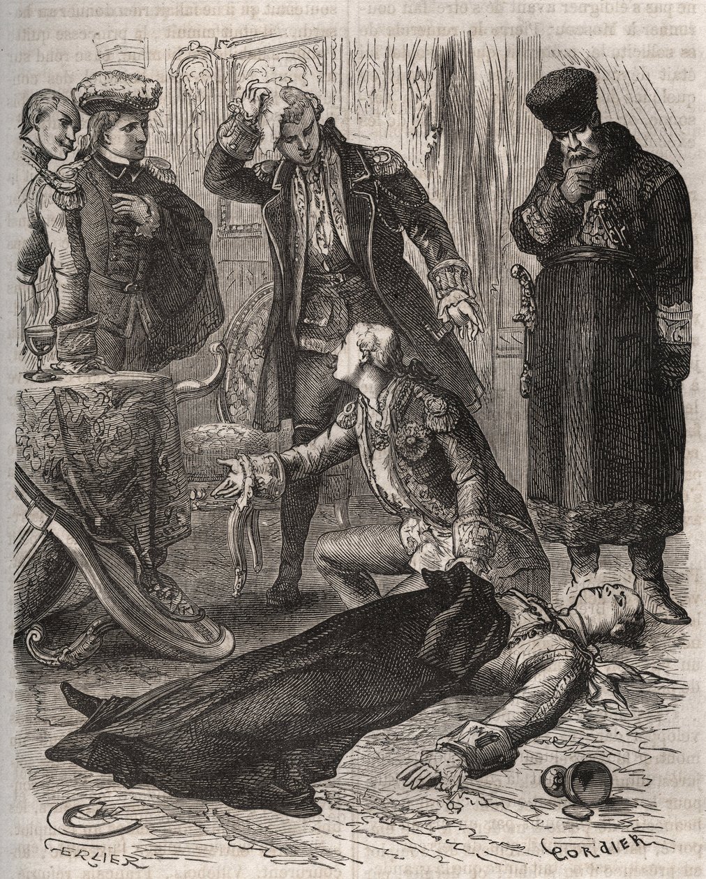 Venäjän keisari Pietari III (1728-1762), jolle määrättiin asuinpaikka, murhattiin Aleksei Orlov (1737-1808) ja hänen vartijansa hänen vaimonsa Katariina II:n käskystä, joka oli juuri syrjäyttänyt hänet ja ottanut valtaan. Kaiverrus vuodelta 1871 kirjassa " tekijältä French School