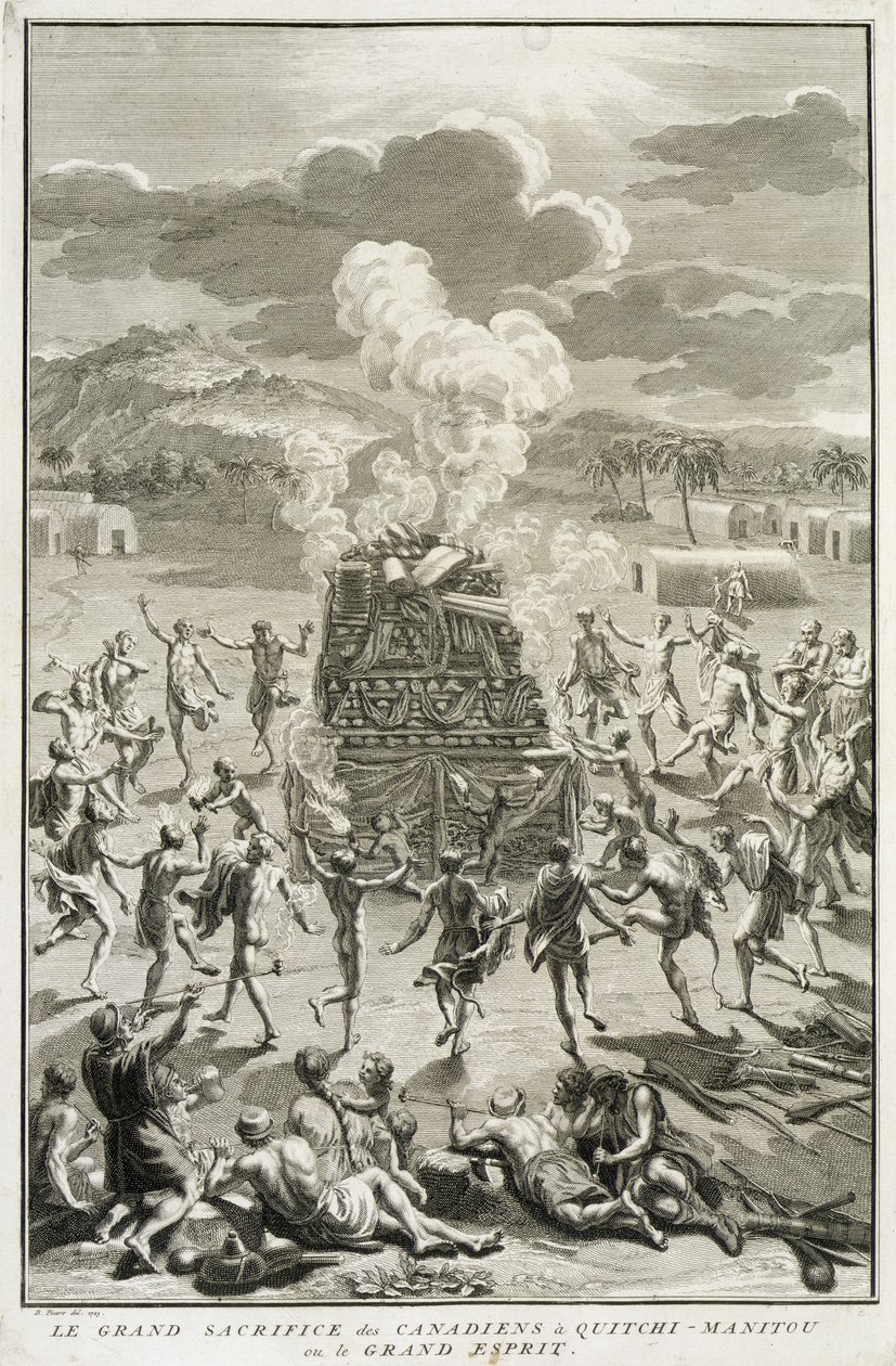 Kanadalaisten uhri Quitchi-Manitoulle eli Suuri Henki, kuvitus uskonnollisista seremonioista ja tavoista, kaiverrus Bernard Picart (1673-1733) 1723 tekijältä French School