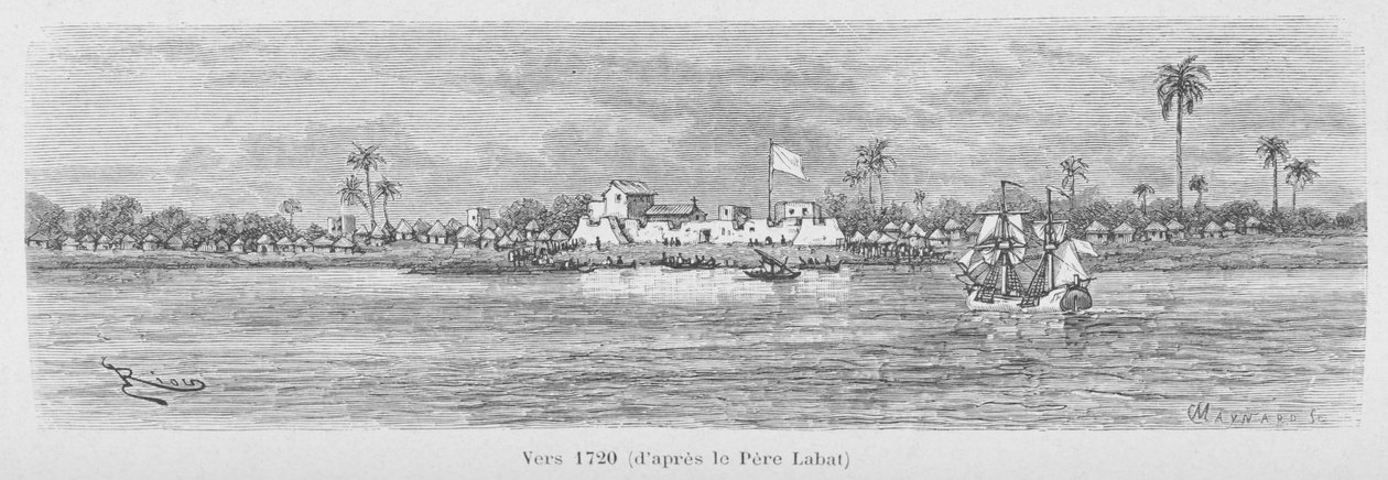 Saint-Louis-joki vuonna 1720, Senegal, kuvitus Louis Leon Faidherben teoksesta "Le Senegal..." tekijältä French School
