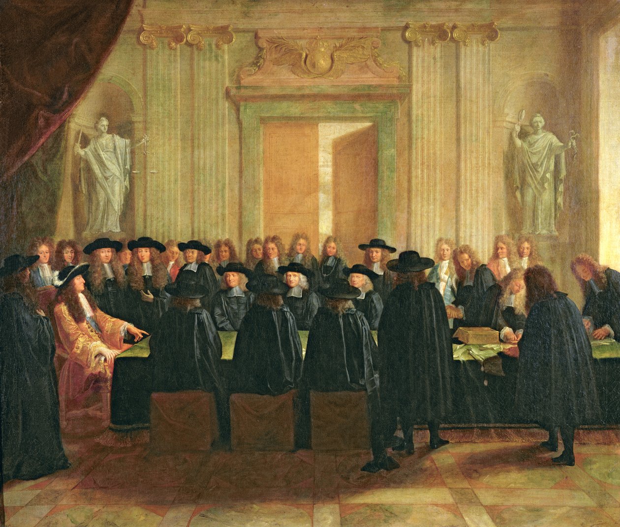Ludvig XIV:n (1638-1715) hallussa pitämä sinetti valtioneuvoston jäsenten ja muutoksenhakutuomioistuimen edessä vuosina 1672, 1672 tekijältä French School