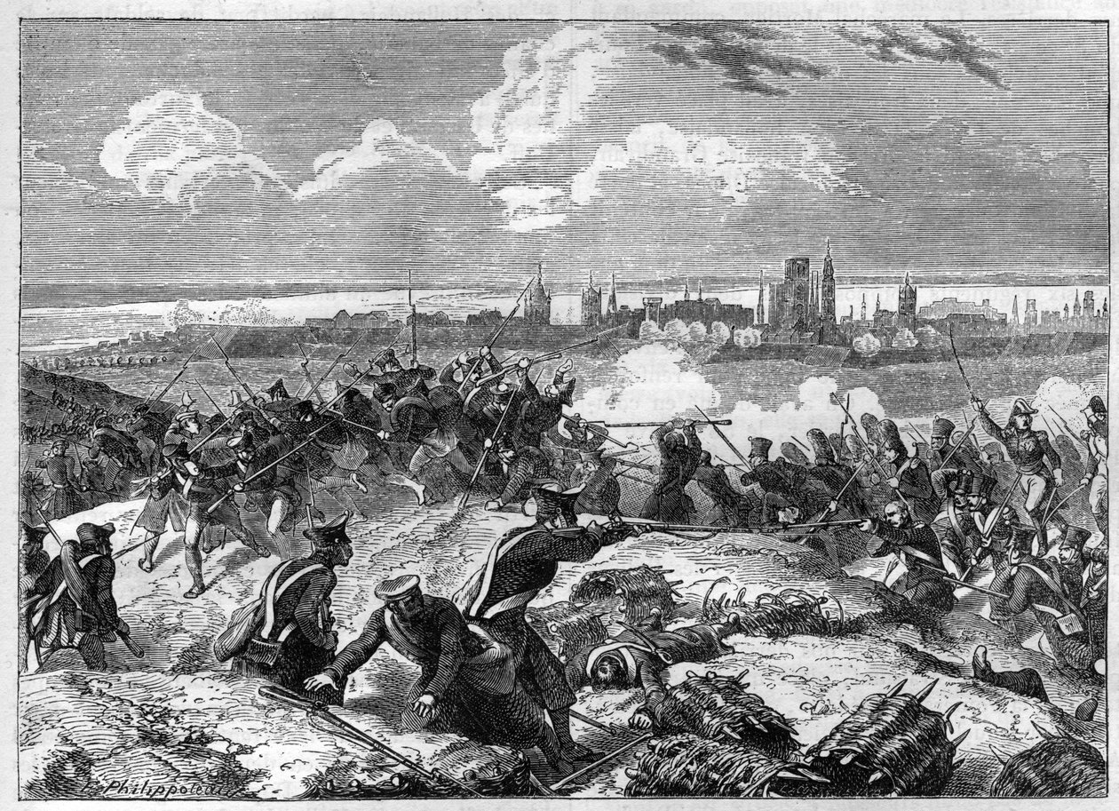 Danzigin piiritys (1807) marsalkka Pierre Joseph Lefebvren (1755-1820) johdolla - Adolphe Thiersin "Imperiumin historiasta konsulaatin historiaa" -1879 - yksityiskokoelmasta tekijältä French School