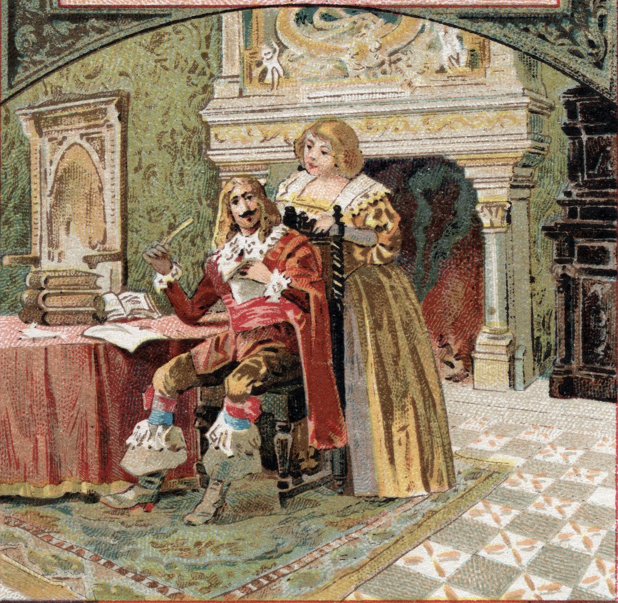 Beringhenin herra ja rouva du Fargis tekivät juonittelua Richelieua vastaan (Armand Jean du Plessis, Richelieun kardinaali (1585-1642), Ludvig XIII:n ministeri Azay-le-Rideaun linnassa (Azay le Rideau) (Indre-et- Loire). 19. päivän lopun kromolitografia tekijältä French School