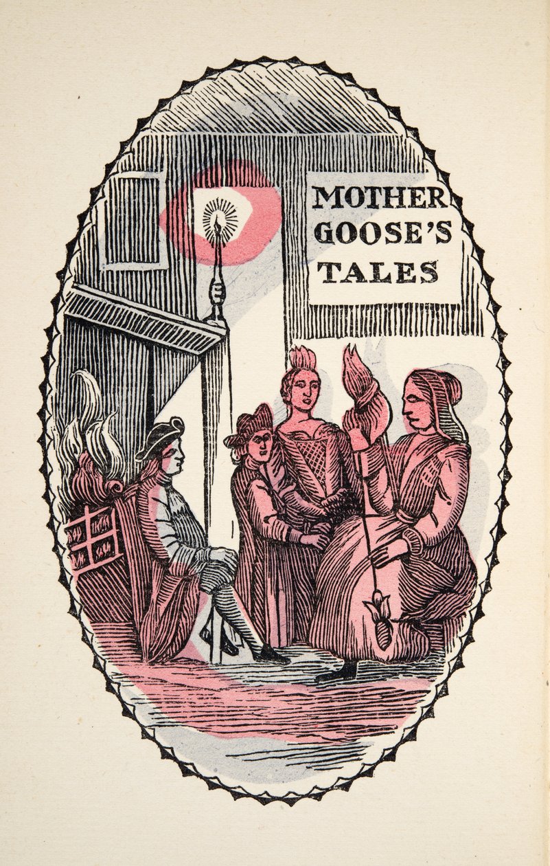 The Sleeping Beauty in the Wood, Historiasta tai Tales of Past Times, kertoo Mother Goose, Morals, M Perrault, pub. 1925 (käsinvärinen puupalikkaprintti) tekijältä French School