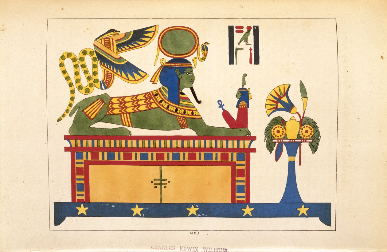 Sfinksi, kuva Egyptin Pantheonista: Jean-Francois Champollionin kokoelma mytologisia hahmoja muinaisesta Egyptistä, julkaistu noin 1986 tekijältä French School