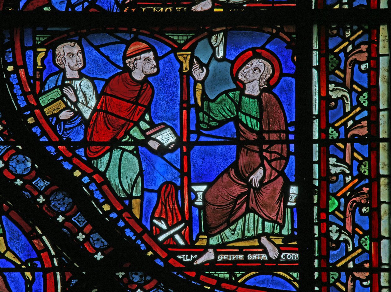 St James Window: Almongenes (Hermogines) polttaa kirjansa (w5) tekijältä French School