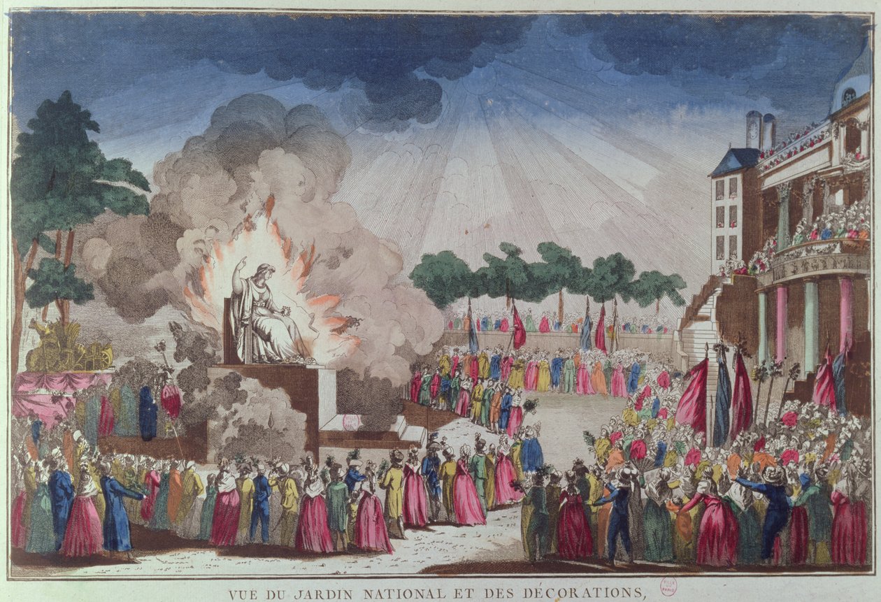 Ateismin patsas tuhotaan ja korvataan Viisauden patsaalla Korkeimman Olennon festivaaleilla, Jardin National des Decorations, Pariisi, 8. heinäkuuta 1794 tekijältä French School