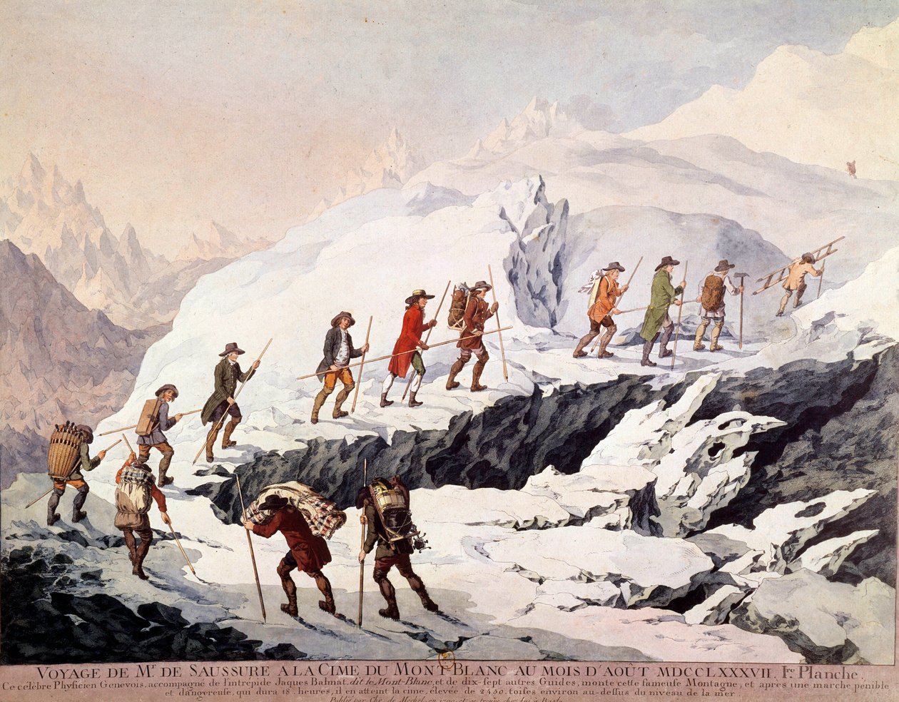 Sveitsiläinen luonnontieteilijä Horace Benedict (Horace-Benedict) Saussuresta (1740-1799) ja ranskalainen vuoristoopas Jacques Balmat nousivat Mont Blancille toisen kerran elokuussa 1787. tekijältä French School