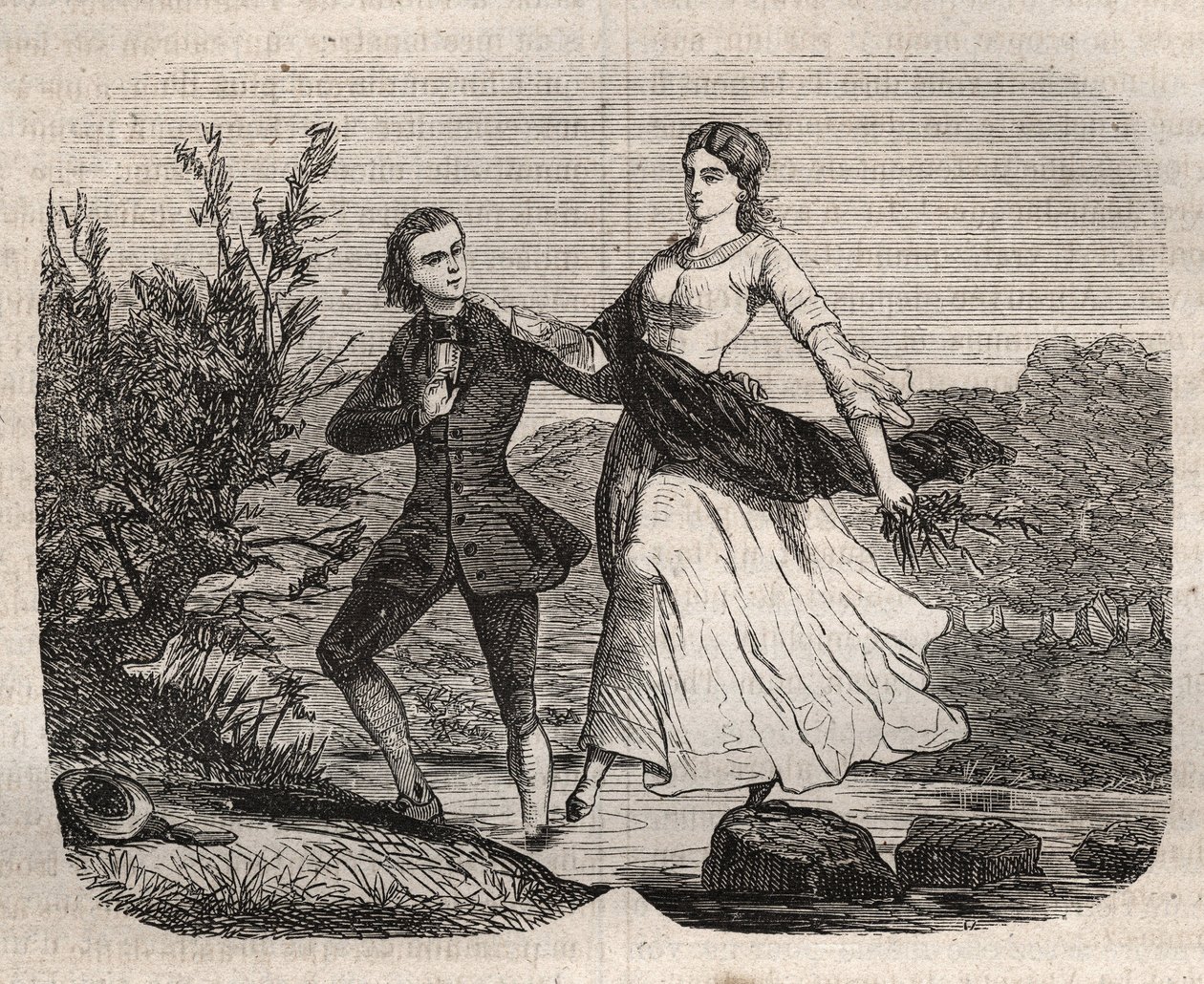 Sveitsiläinen filosofi Jean Jacques (Jean-Jacques) Rousseau (1712-1778) auttoi Mademoiselle Galleya ylittämään puron. Kaiverrus vuodelta 1871 Henry de Kockin (1819-1892) teokseen "Histoire Des Cocus Celebres". tekijältä French School